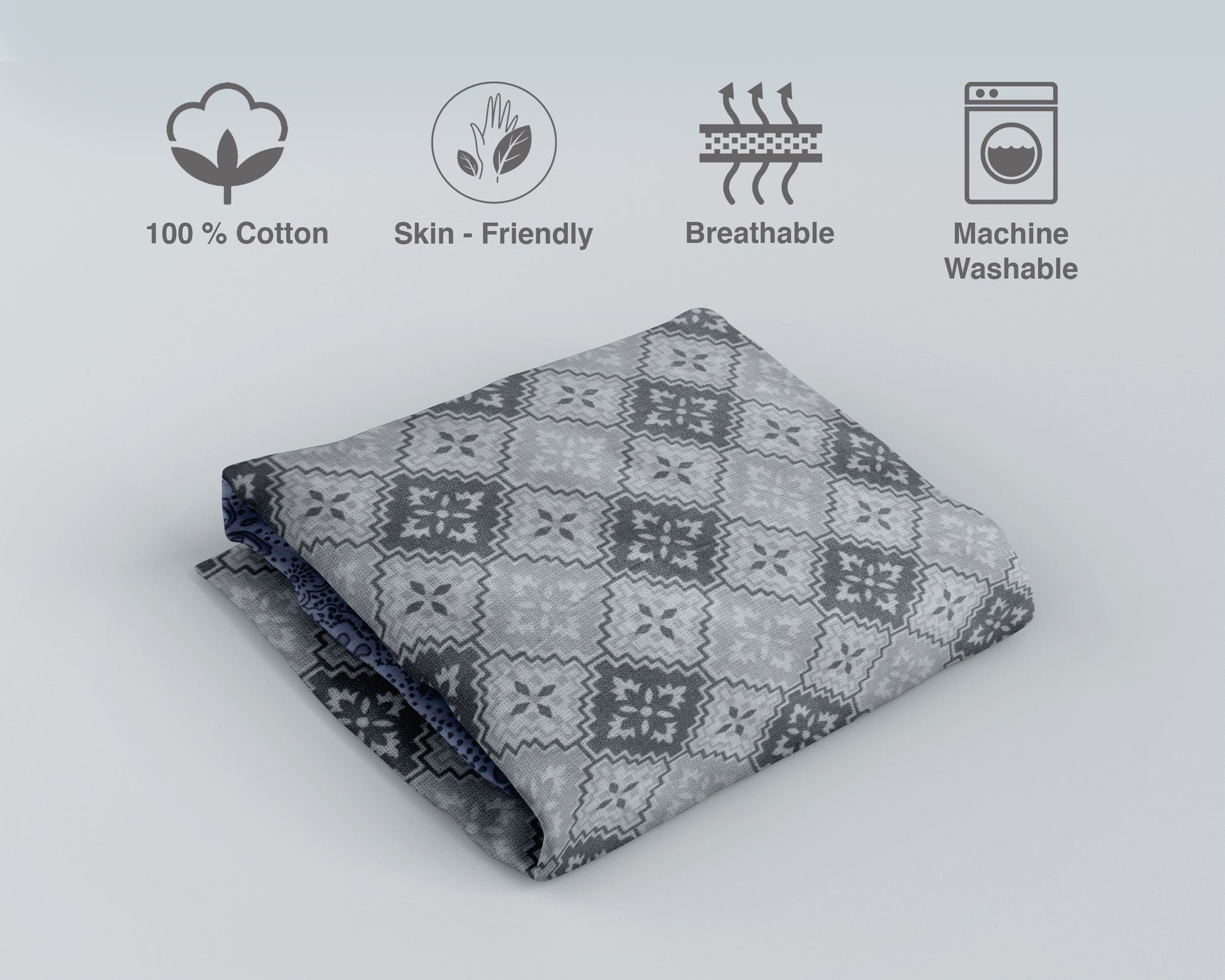 Unisex 100% Cotton Thin Summer Blanket (Dohar) - Grey Floral Geometric - Gaabaa